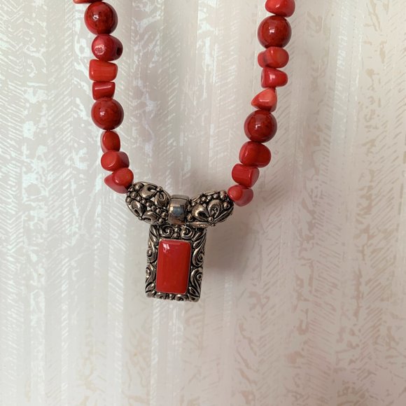 JEWELRY - 9" Apple red coral bead necklace earrings set silver pendant, western - Picture 3 of 8